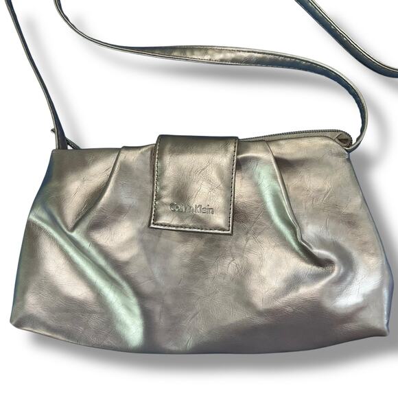 Calvin Klein Womens Faux Leather Evening Bag Crossbody Purse Metallic Gold - Picture 2 of 10